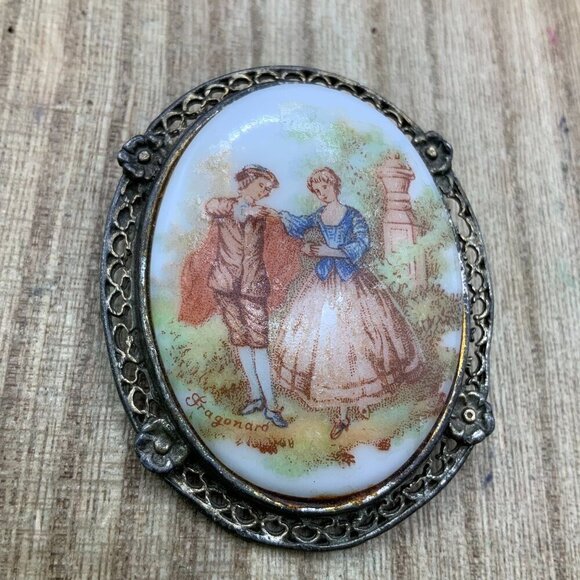 Cameo Fragonard Vintage Glass Courtship Portrait Brooch Pin - Picture 1 of 9